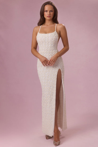 Embellished Square Neck Maxi Dress in Pearl