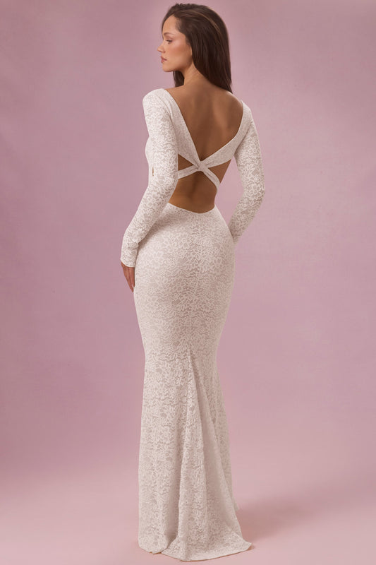 Lace Long-Sleeve Maxi Dress in Pearl