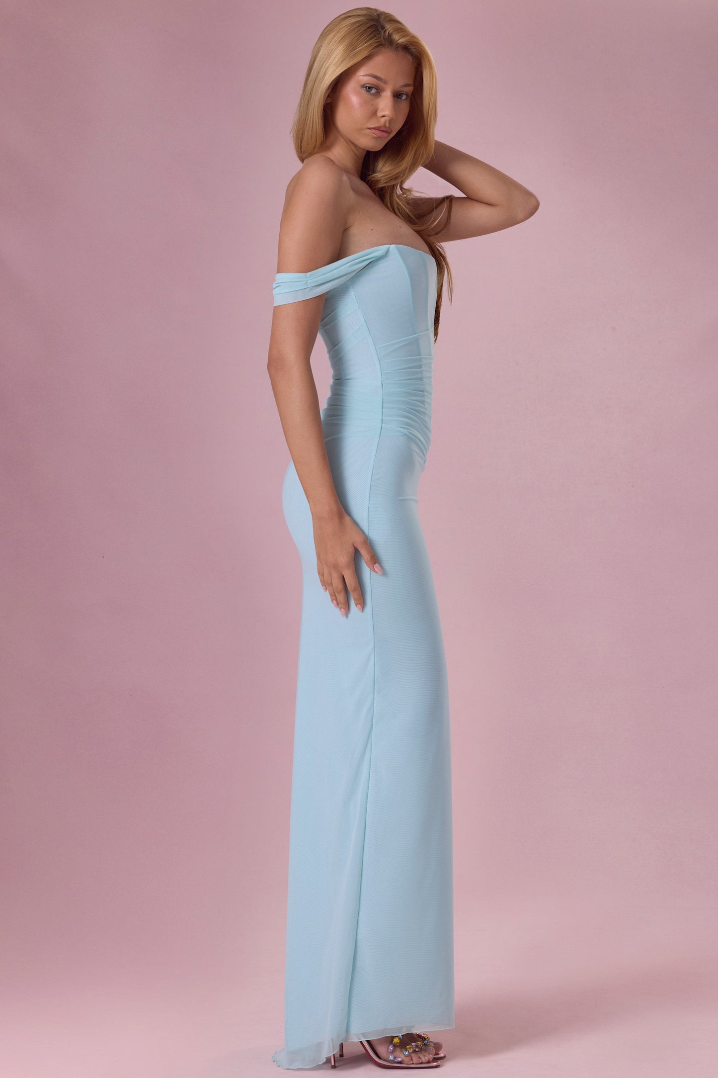 Mesh Draped Corset Gown in Light Blue