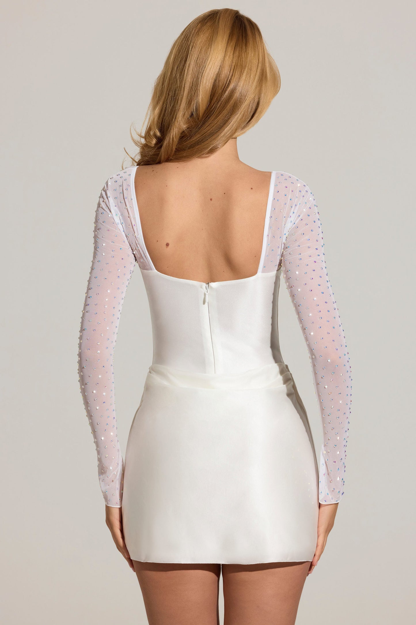 Embellished Long-Sleeve Draped Mini Dress in White