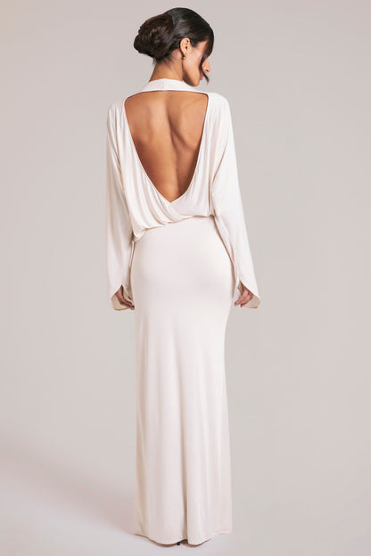 Long-Sleeve Draped Maxi Dress in Vanilla