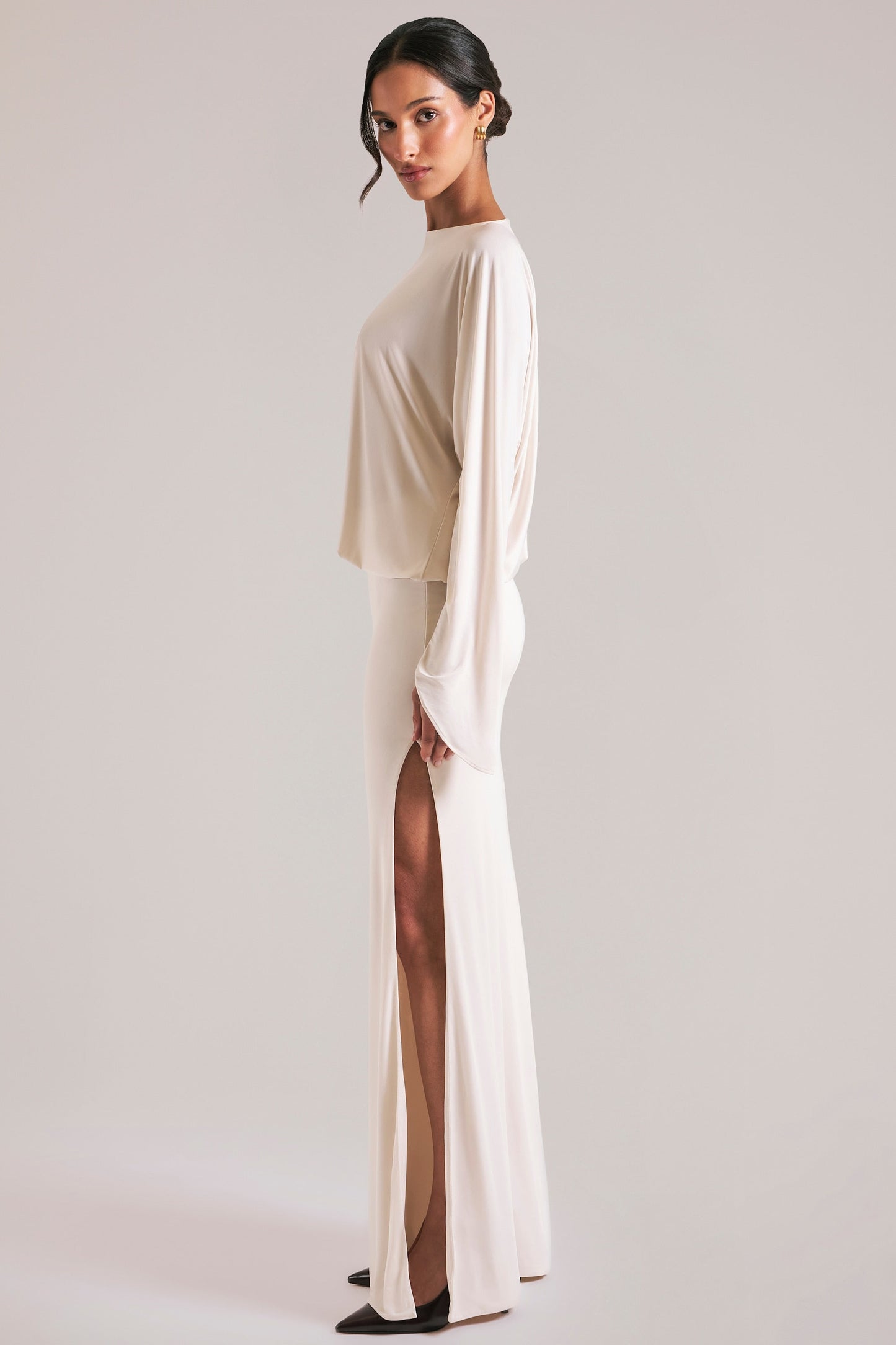 Long-Sleeve Draped Maxi Dress in Vanilla