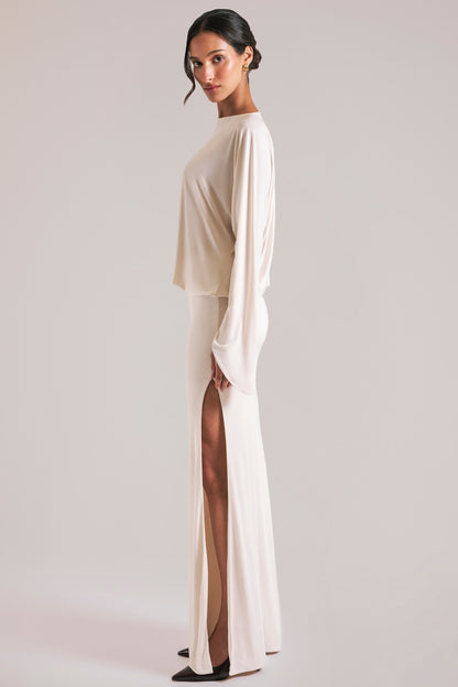Long-Sleeve Draped Maxi Dress in Vanilla