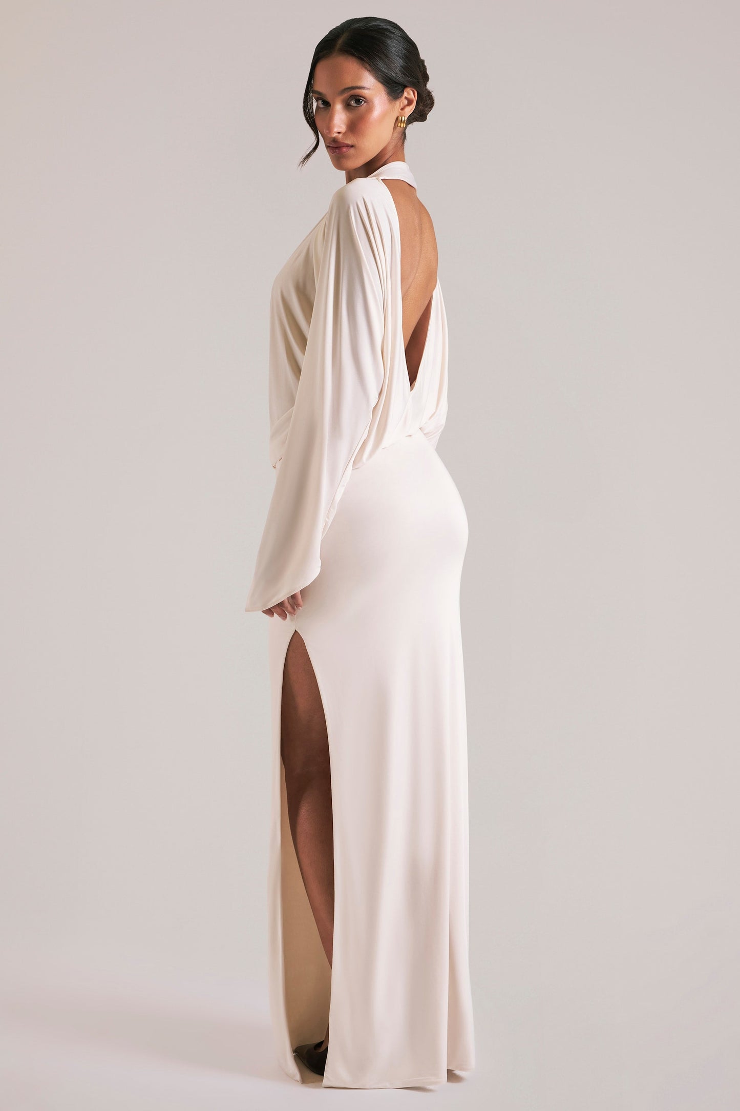 Long-Sleeve Draped Maxi Dress in Vanilla