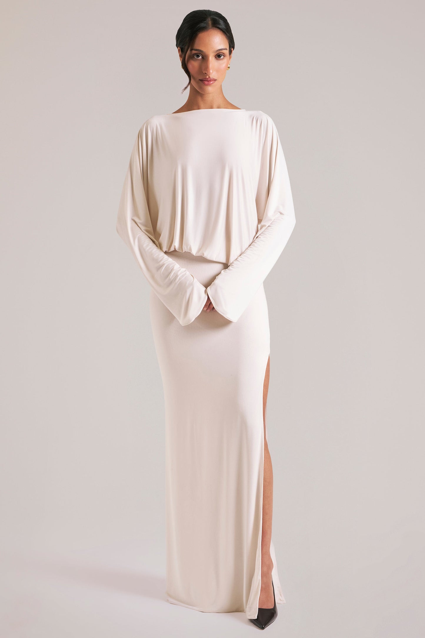 Long-Sleeve Draped Maxi Dress in Vanilla