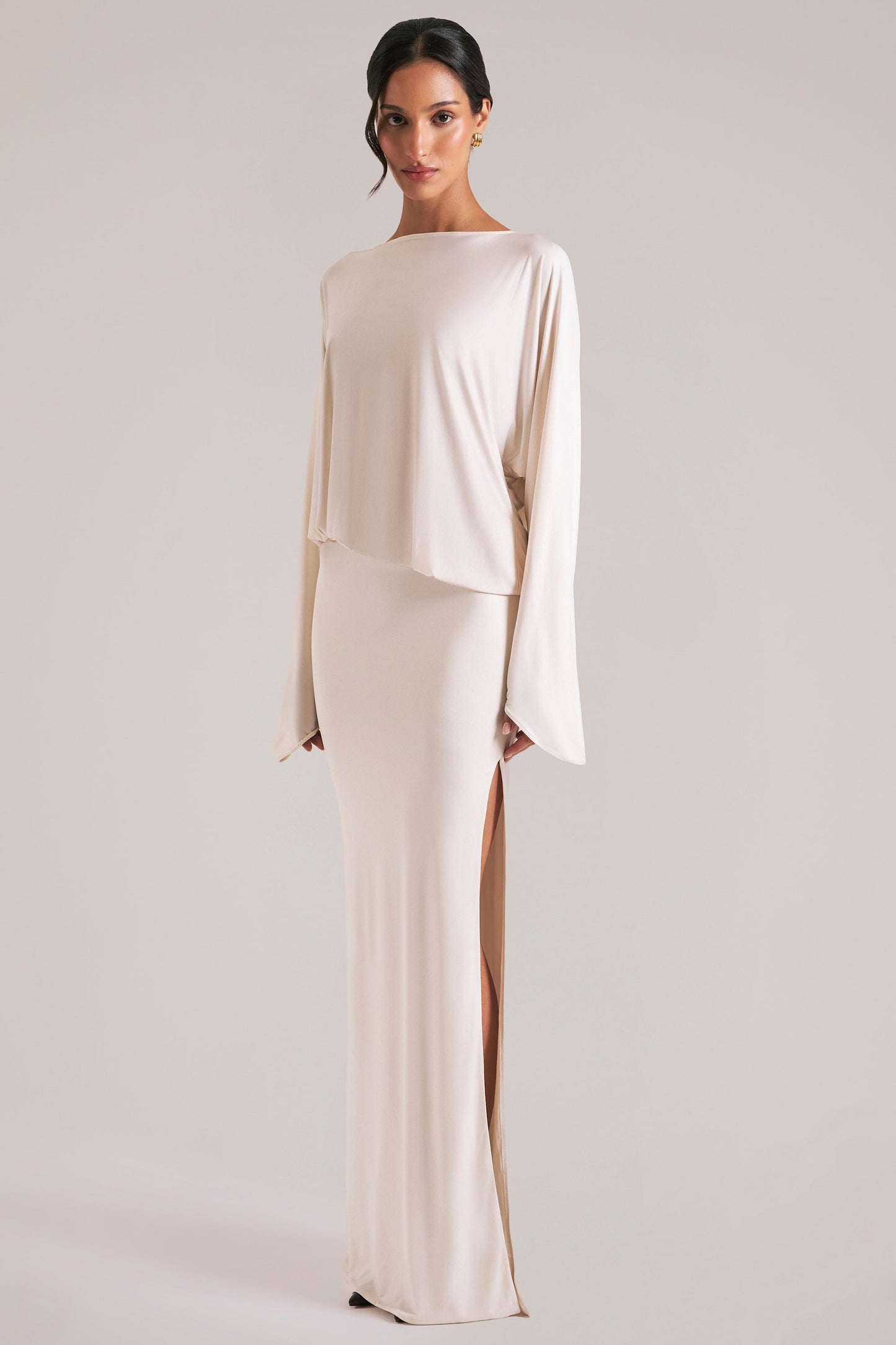 Long-Sleeve Draped Maxi Dress in Vanilla