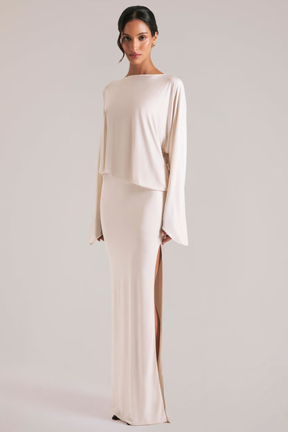 Long-Sleeve Draped Maxi Dress in Vanilla