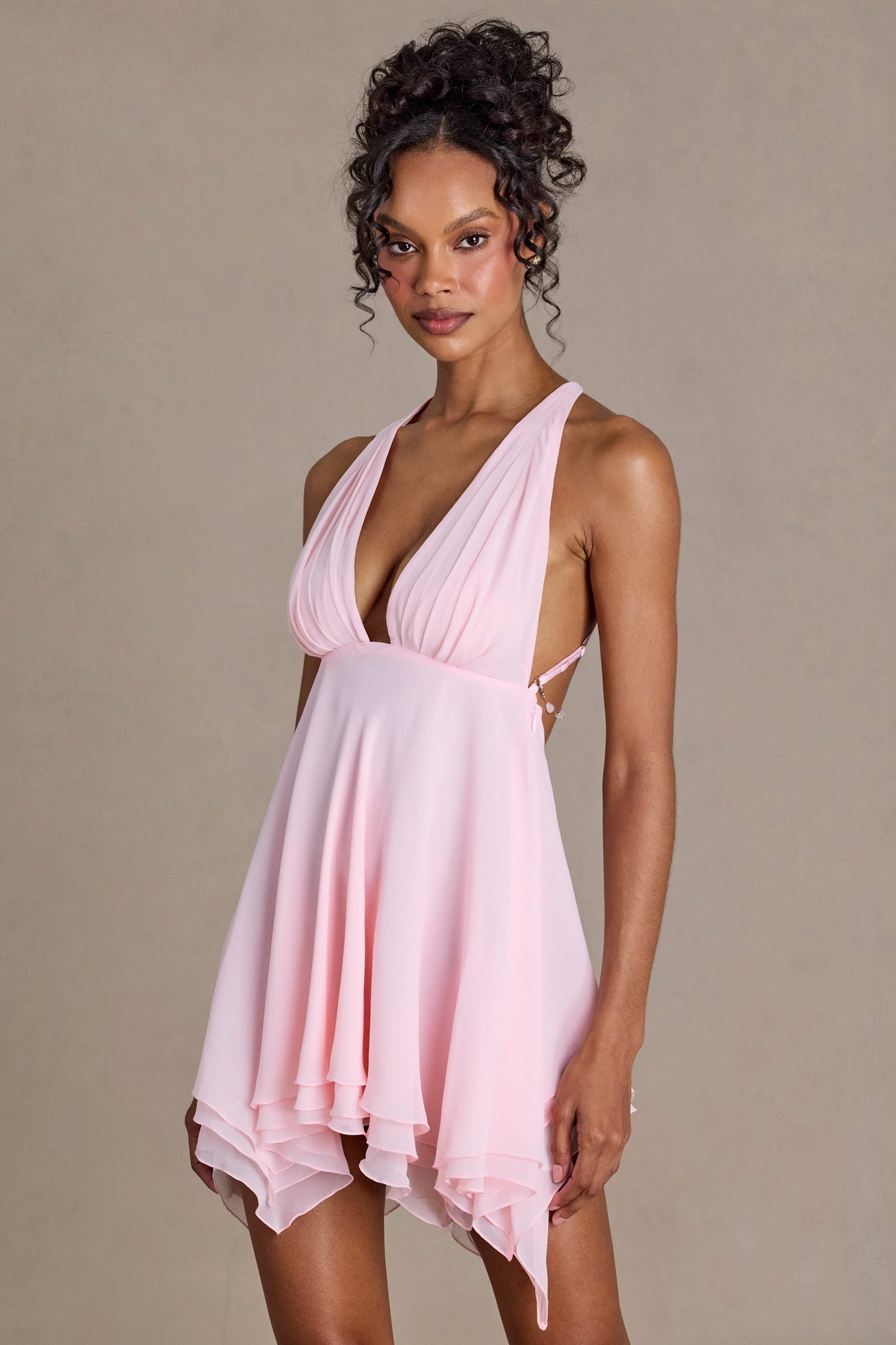 Chiffon Plunge-Neck Open-Back Mini Dress in Blossom