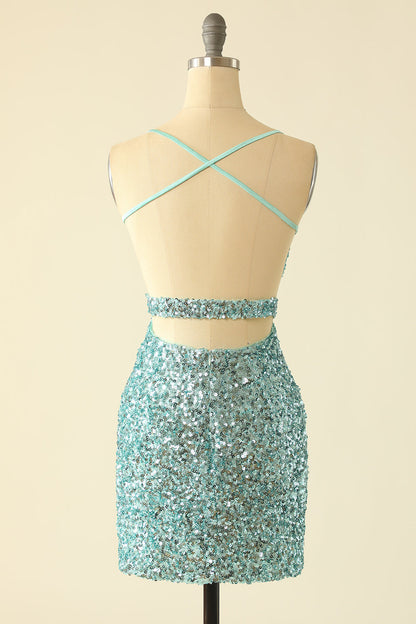 Straps Mint Green Sequin Tight Mini Dress