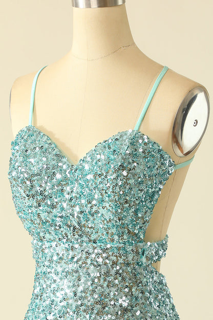 Straps Mint Green Sequin Tight Mini Dress