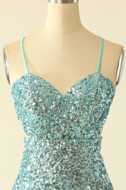 Straps Mint Green Sequin Tight Mini Dress