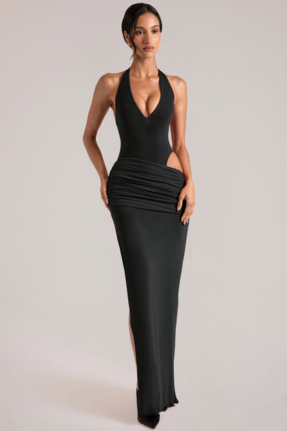 Deep Plunge Halterneck Maxi Dress in Black