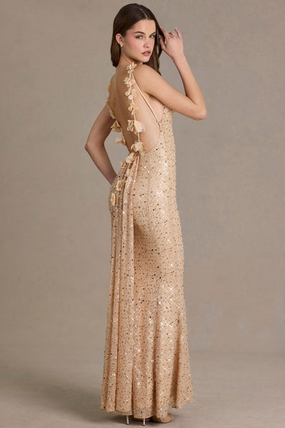 Embellished Open-Back Maxi Dress in Gold