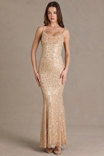 Embellished Open-Back Maxi Dress in Gold