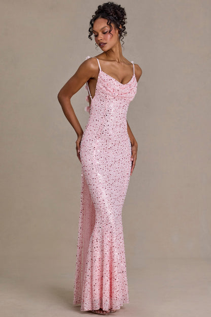 Embellished Open-Back Maxi Dress in Baby Pink