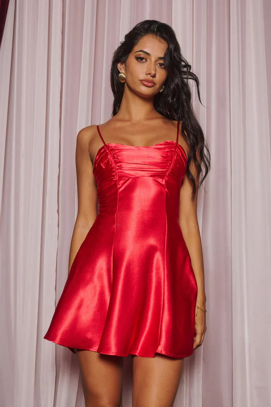 Glistening Secrets Satin Mini Dress Red