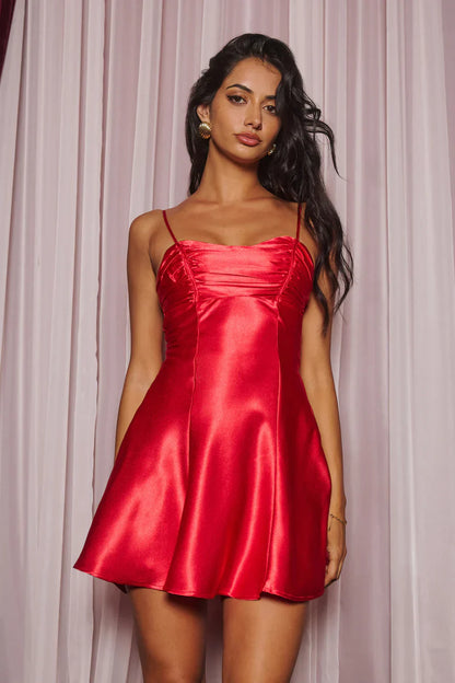 Glistening Secrets Satin Mini Dress Red