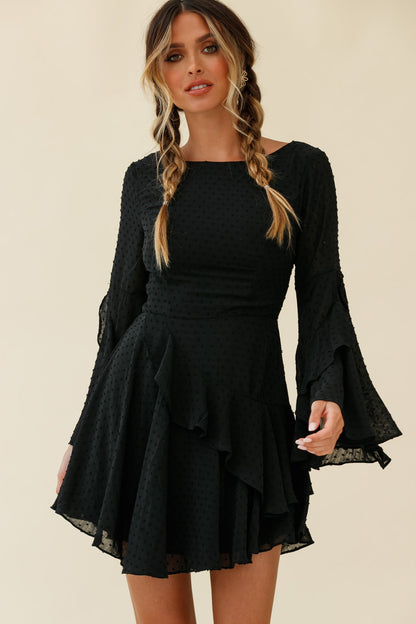 Carlini Flared Sleeve Boat Neckline Dress Black