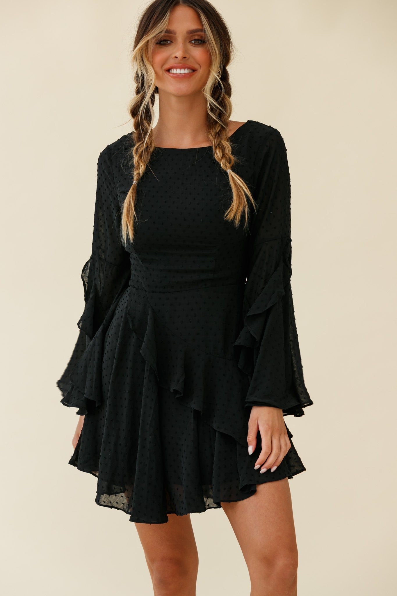 Carlini Flared Sleeve Boat Neckline Dress Black