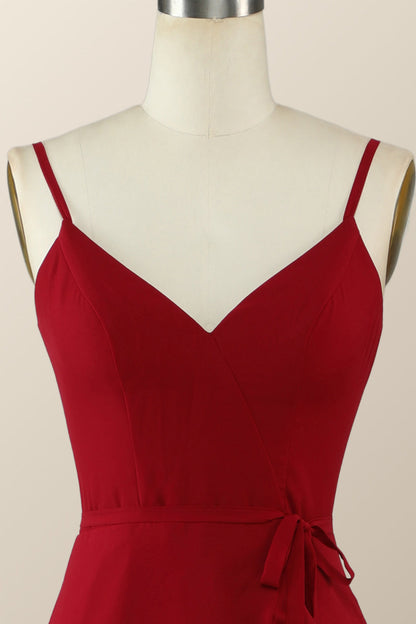 Straps Wine Red Chiffon Ruffle A-line Long Bridesmaid Dress