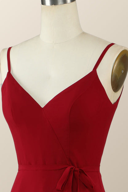 Straps Wine Red Chiffon Ruffle A-line Long Bridesmaid Dress