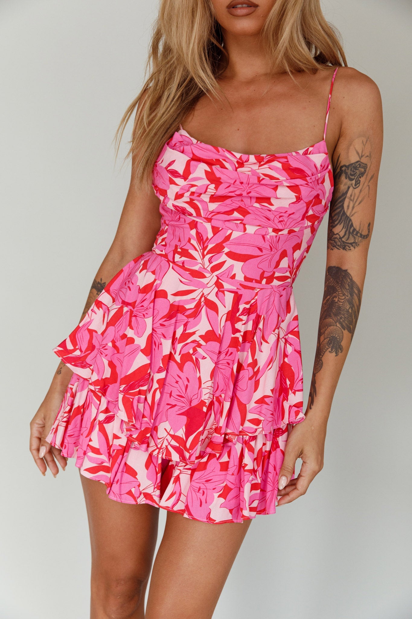Well Versed Cowl Neckline Flounce Romper Lily Pink