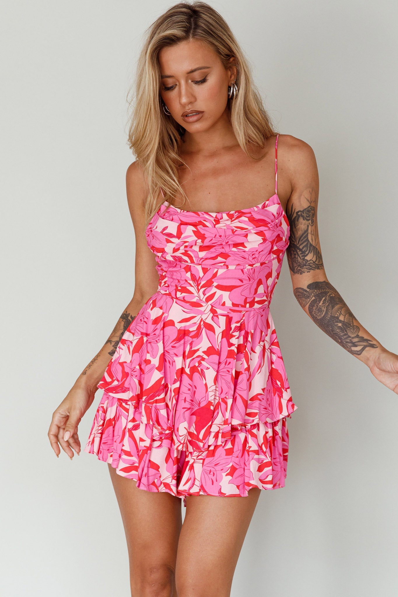 Well Versed Cowl Neckline Flounce Romper Lily Pink