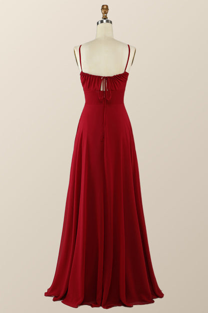 Straps Wine Red Chiffon A-line Long Bridesmaid Dress