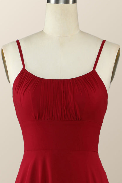 Straps Wine Red Chiffon A-line Long Bridesmaid Dress
