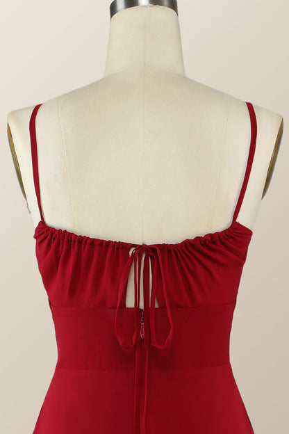 Straps Wine Red Chiffon A-line Long Bridesmaid Dress