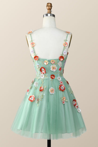 Straps Green Tulle A-line Flowers Homecoming Dress