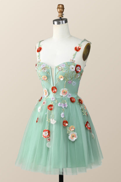 Straps Green Tulle A-line Flowers Homecoming Dress