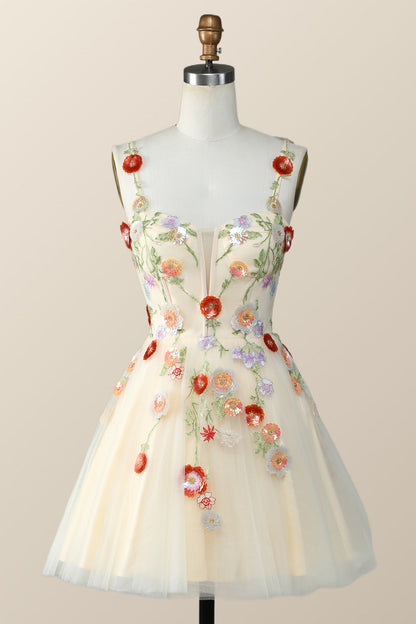 Straps Green Tulle A-line Flowers Homecoming Dress