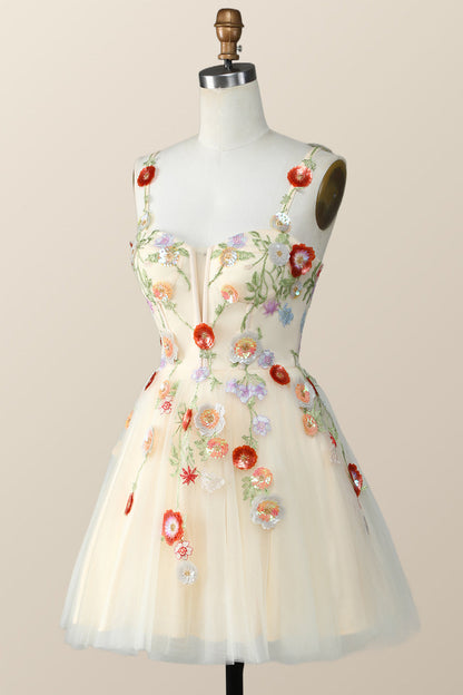 Straps Green Tulle A-line Flowers Homecoming Dress