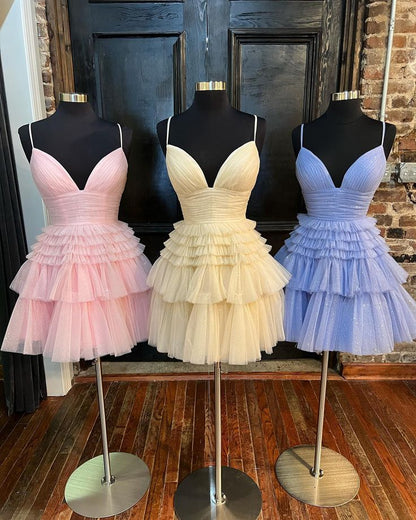 Straps Periwinkle Tiered Ruffle Short A-line Homecoming Dress