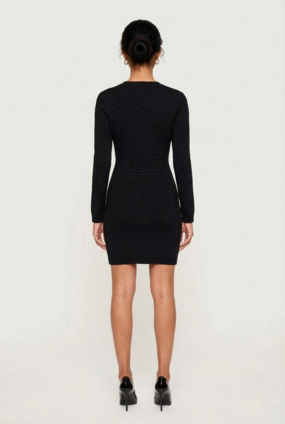 Textured Knit Button Detail Long Sleeve Sweater Dress