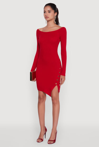 Metallic Button Detail Side Slit Boat Neck Sweater Dress