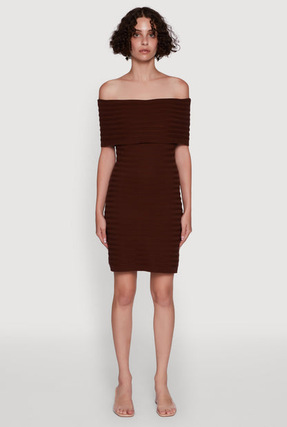 Rib Knit Fold Over Off the Shoulder Mini Dress