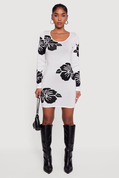 Long Sleeve Scoop Neck Printed Pattern Sweater Dress