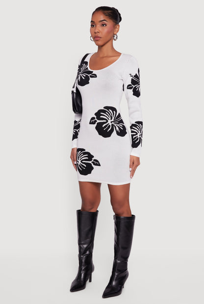 Long Sleeve Scoop Neck Printed Pattern Sweater Dress