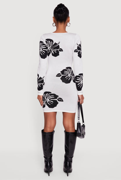 Long Sleeve Scoop Neck Printed Pattern Sweater Dress