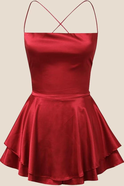 Straps Red Lace-up Back Tiered Party Dress