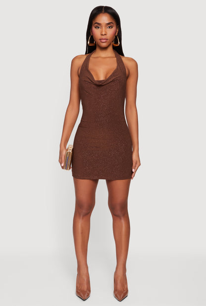 Glittery Cowl Neck Tie Back Halter Dress