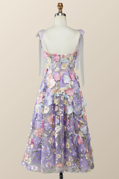 Straps Lavender 3D Flower Midi Dress