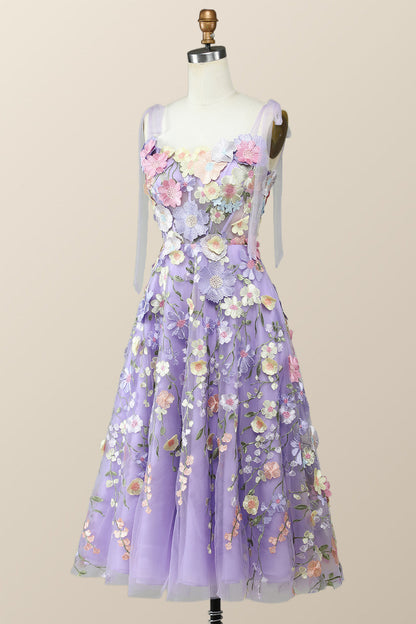 Straps Lavender 3D Flower Midi Dress