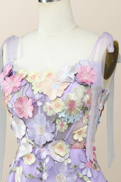 Straps Lavender 3D Flower Midi Dress