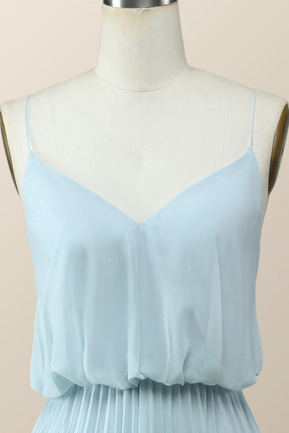 Straps Blue Pleated Full Length Dress