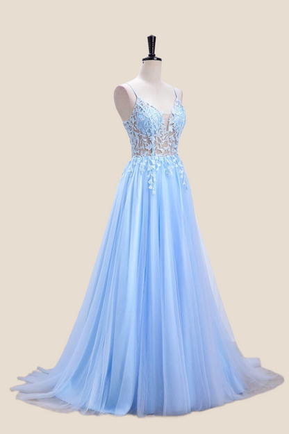 Straps Light Blue Lace and Tulle Long Formal Dress