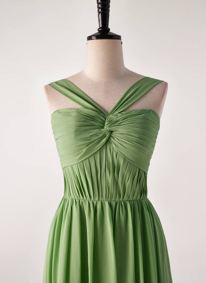 Pleated Halter Matcha Green Chiffon Long Bridesmaid Dress