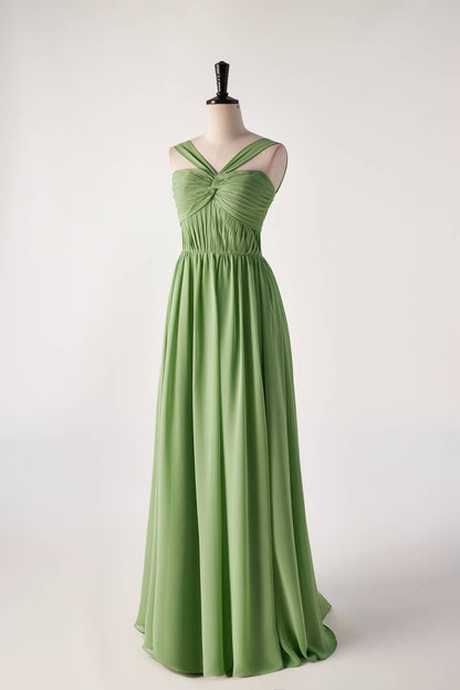 Pleated Halter Matcha Green Chiffon Long Bridesmaid Dress